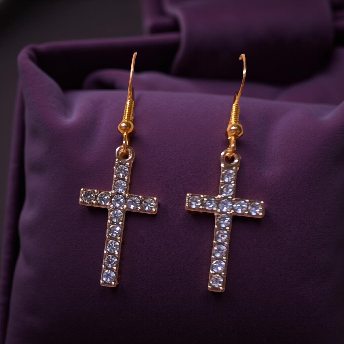 Gold or Silver Rhinestone Stainless Steel Cross Earrings