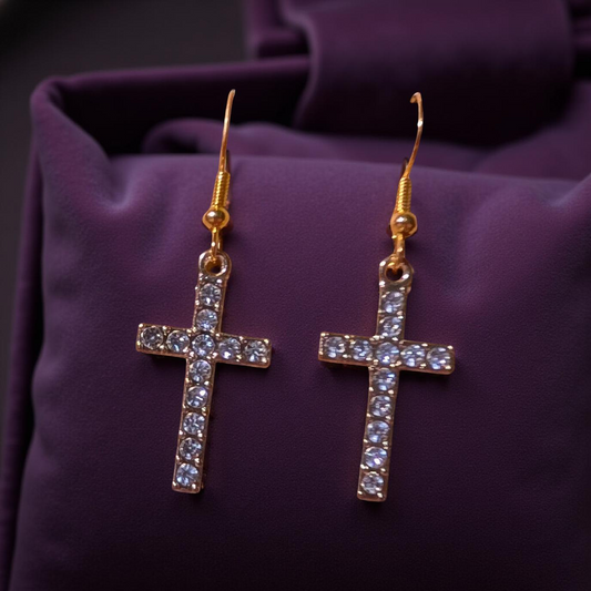 Gold or Silver Rhinestone Stainless Steel Cross Earrings