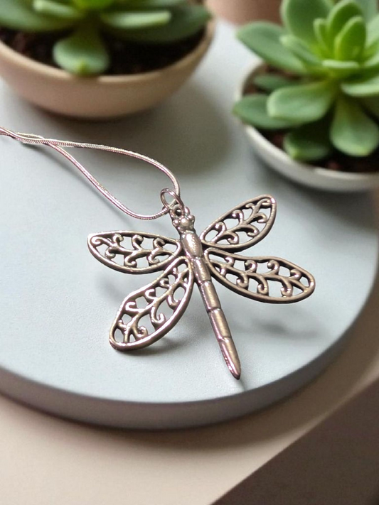 Large Silver Dragonfly on Stainless Steel Snake Chain
