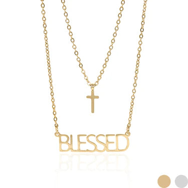 "Blessed" Layered Cross Charm Necklace