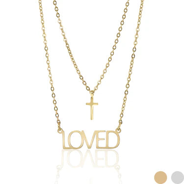 "Loved" Layered Cross Charm Necklace