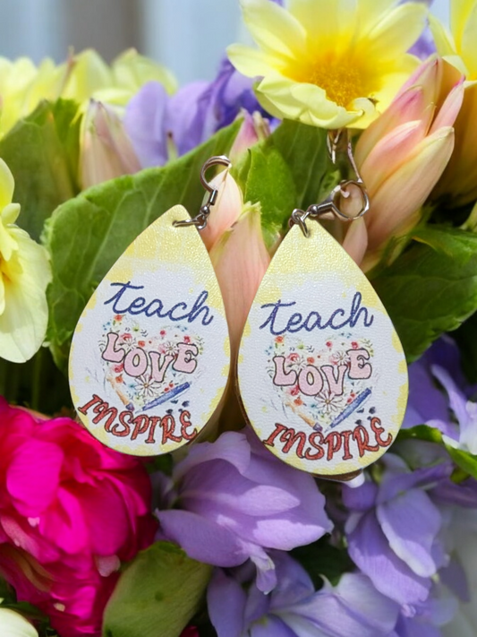 Teach, Love, Inspire Yellow Leatherette Earrings