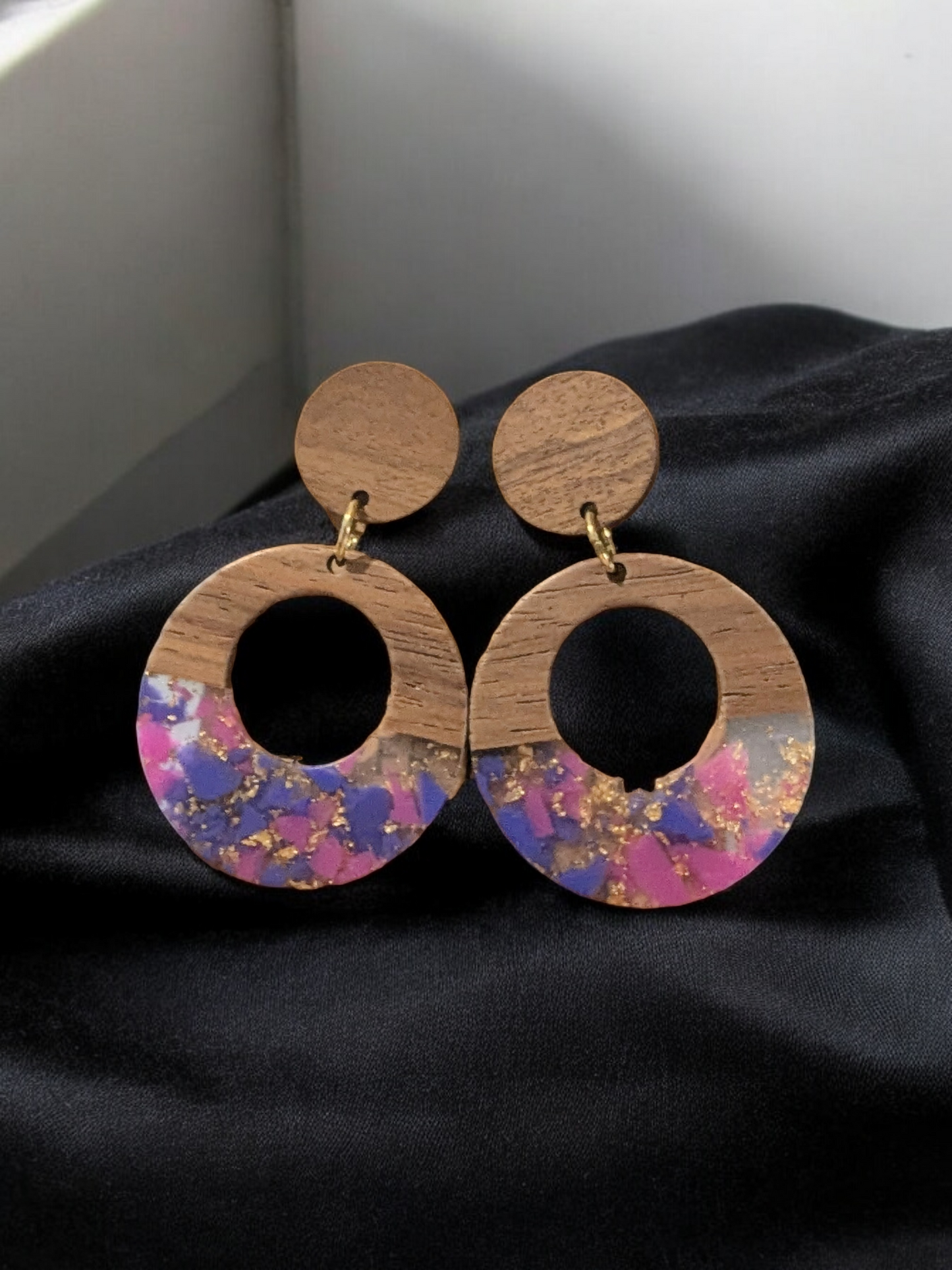 Pink & Purple with Flakes of Gold Resin & Wood Earrings with Surgical Steel Posts