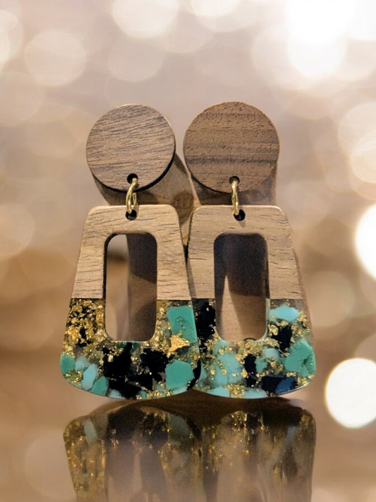 Black, Gold, Turquoise Trapezoid Shaped Resin and Wood Earrings